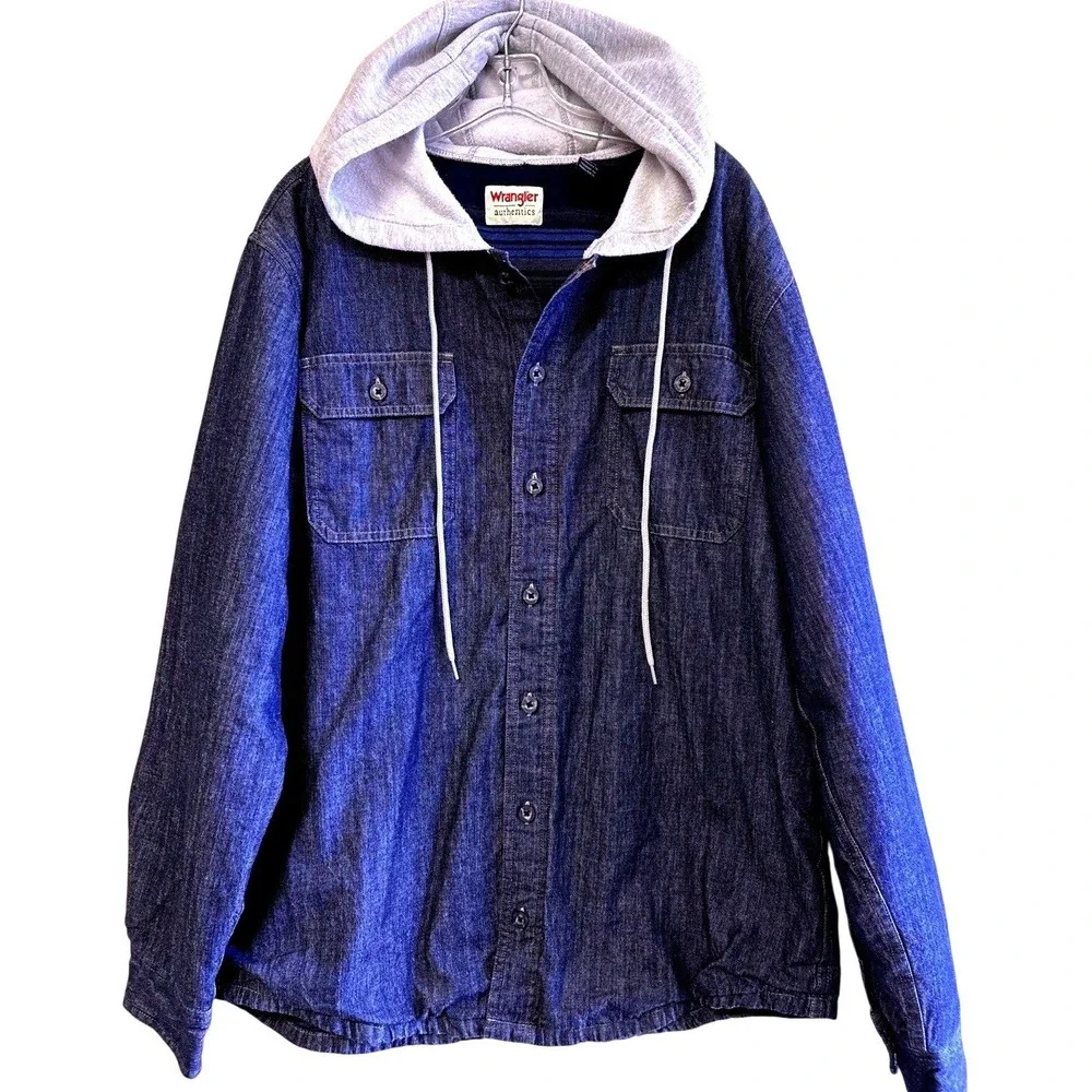 Wrangler Authentics Mens Denim Hooded Shirt Jacket Size L Blue Flannel Lined